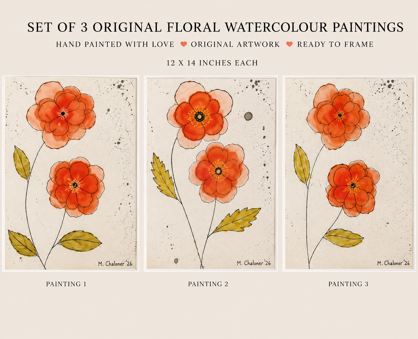 Set of Three Abstract Poppies
