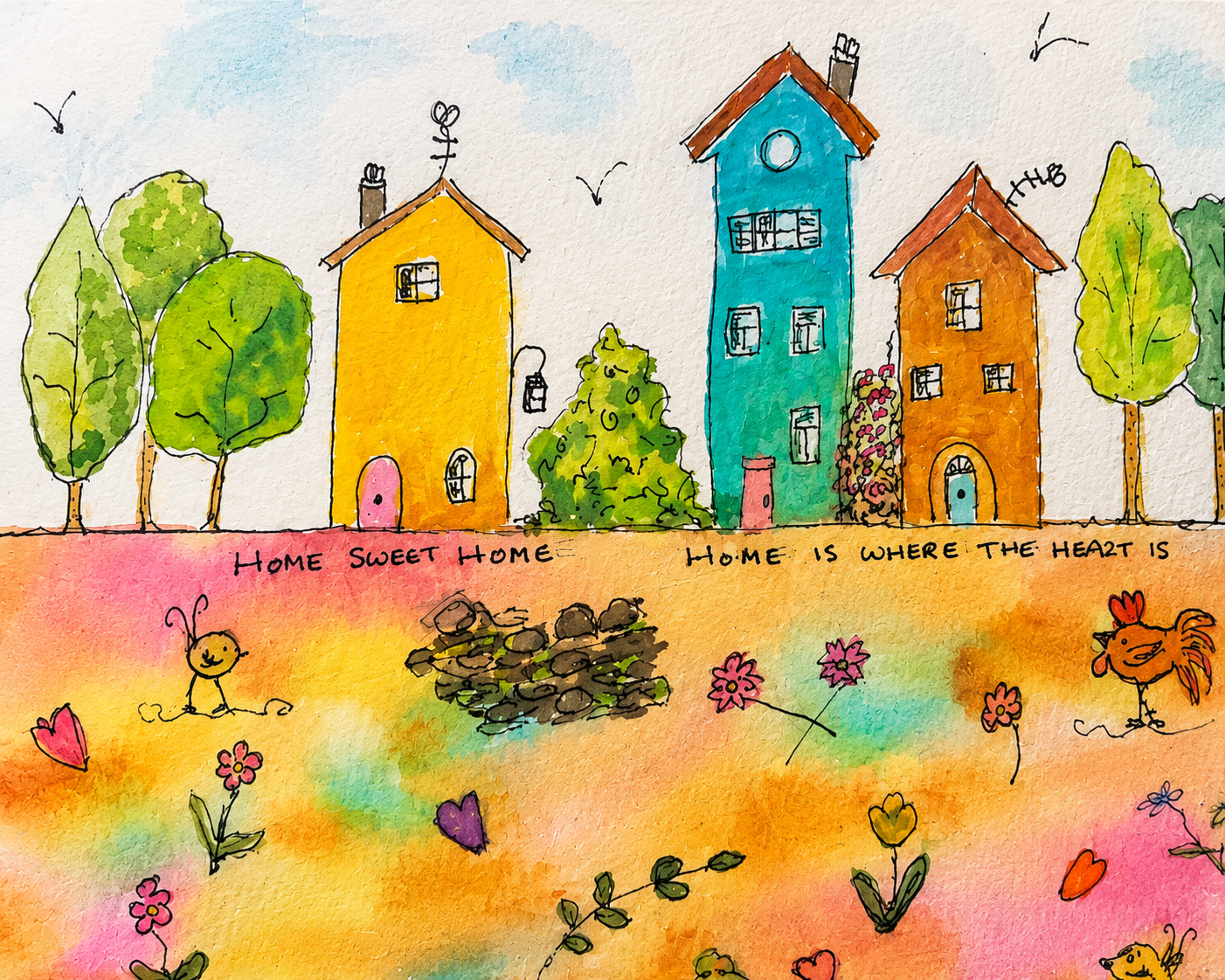 Home Sweet Home Cute Original Watercolour Painting