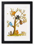 A Celebration of Cute Cats in a Tree - Framed Original Watercolour Painting