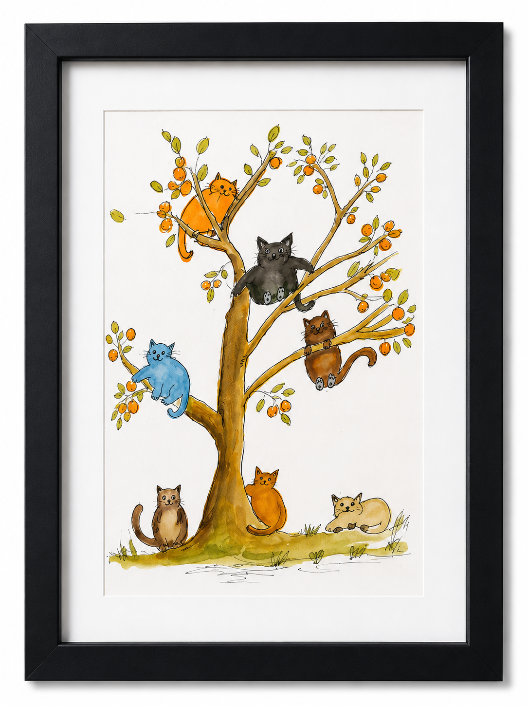 A Celebration of Cute Cats in a Tree - Framed Original Watercolour Painting