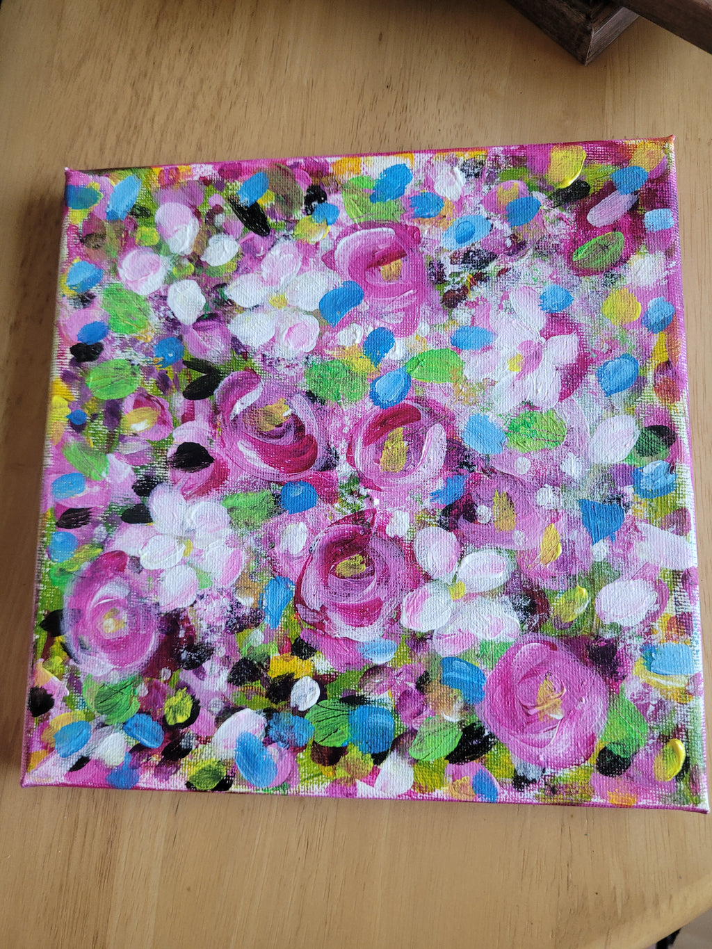 Pink Blooms | Original Mini Acrylic Floral Painting | Contemporary Botanical Wall Art | 7.5 x 7.5 Inches