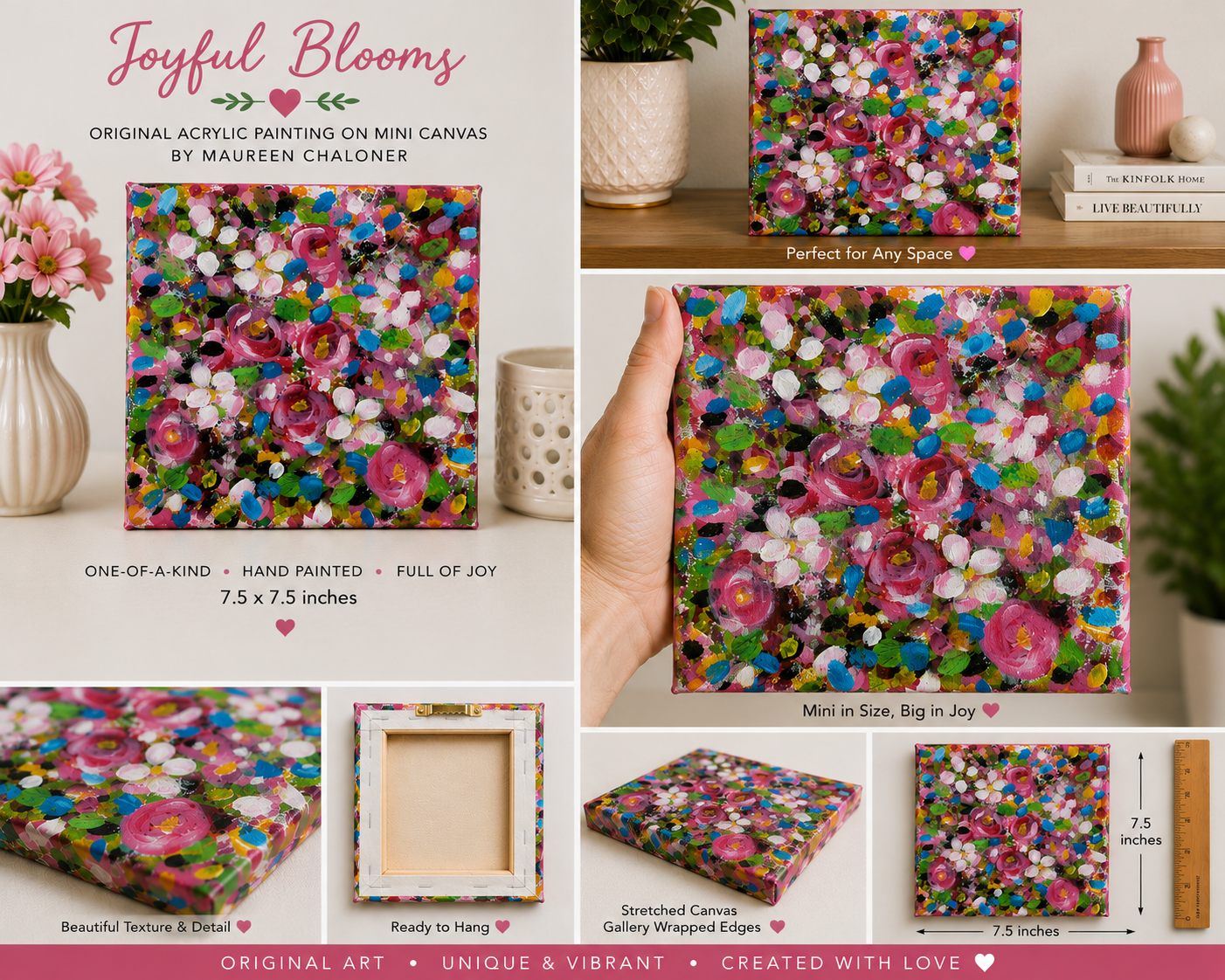 Pink Blooms | Original Mini Acrylic Floral Painting | Contemporary Botanical Wall Art | 7.5 x 7.5 Inches