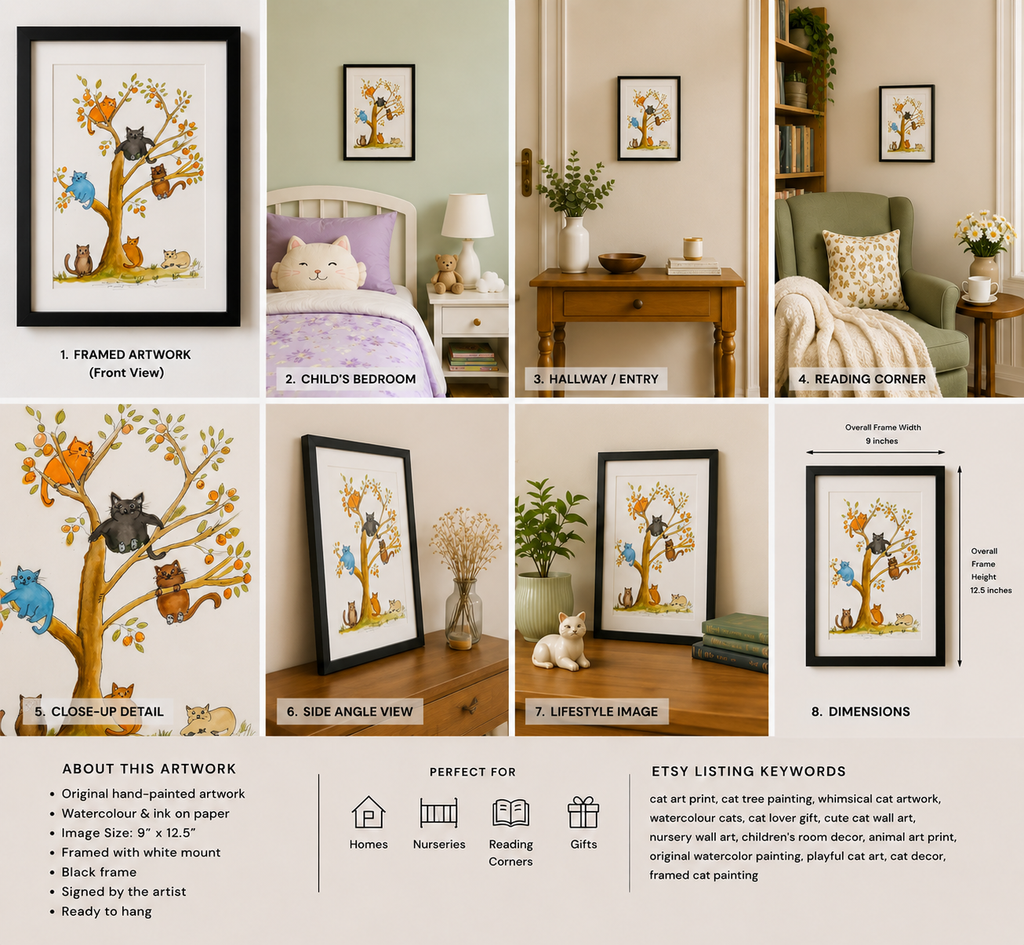 A Celebration of Cute Cats in a Tree - Framed Original Watercolour Painting