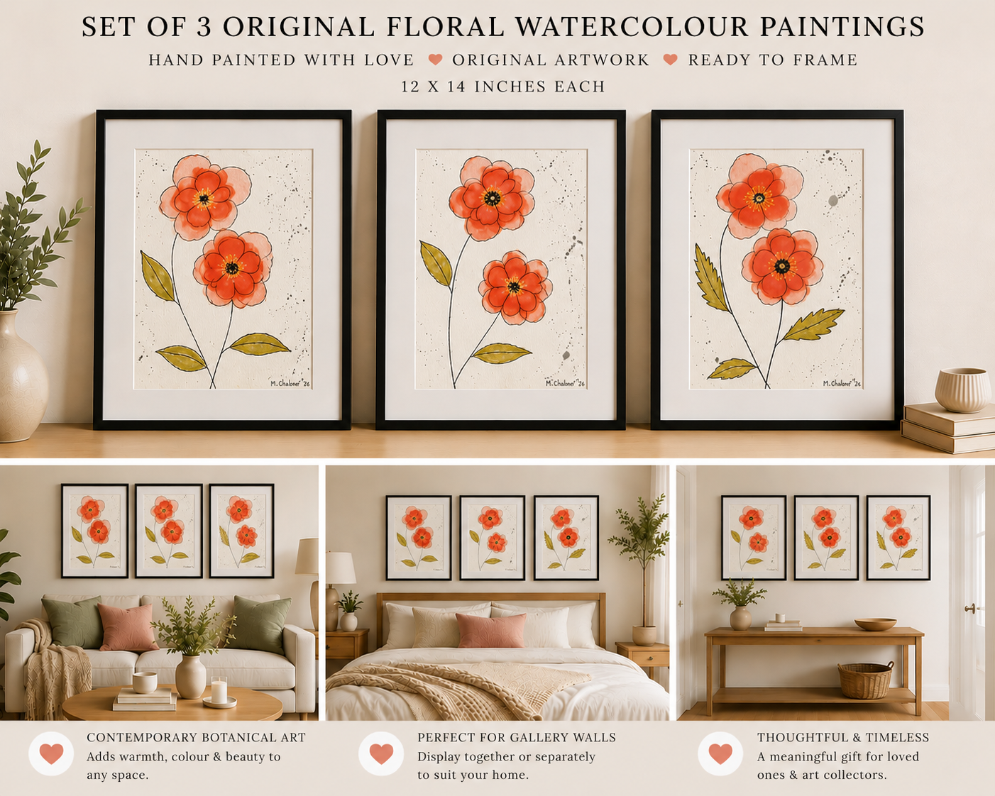 Set of Three Abstract Poppies