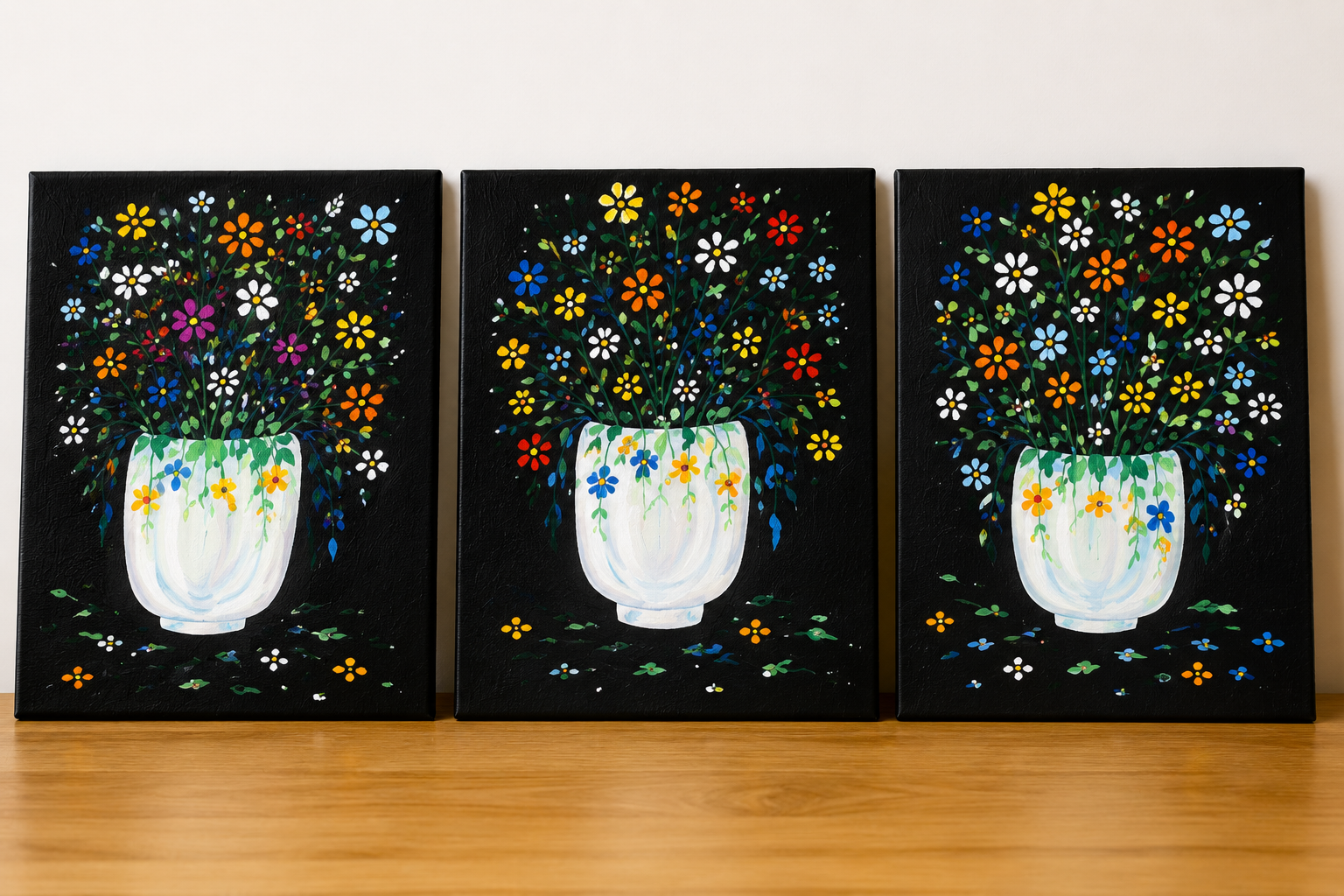 A Symphony of Wild Flowers - original Acrylic painting trio