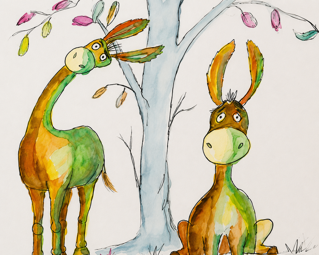 Are We There Yet? -  Original Quirky Donkey Watercolour and Ink Painting