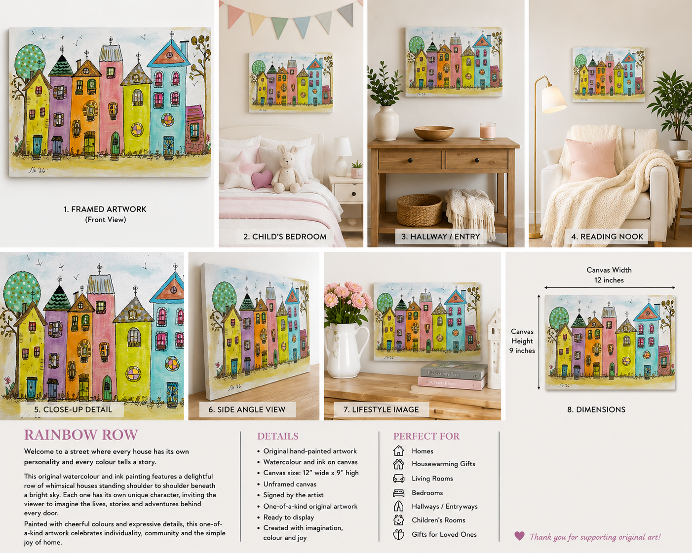 Rainbow Row - Cute, Whimsy Original Watercolour Painting