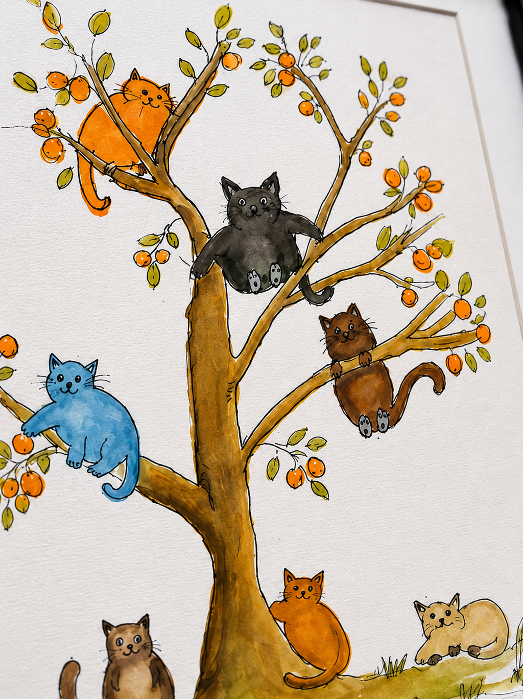 A Celebration of Cute Cats in a Tree - Framed Original Watercolour Painting