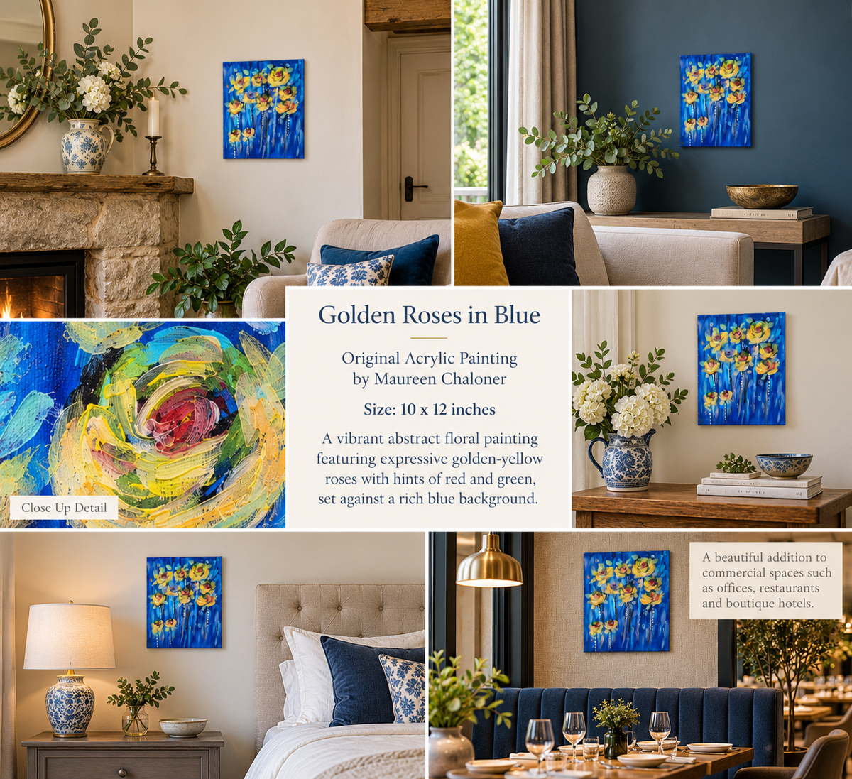 Golden Roses in Blue – Original Abstract Floral Acrylic Painting