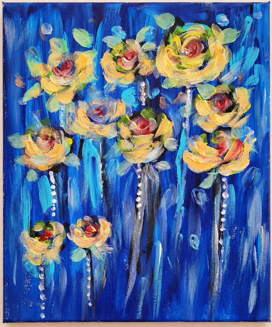 Golden Roses in Blue – Original Abstract Floral Acrylic Painting