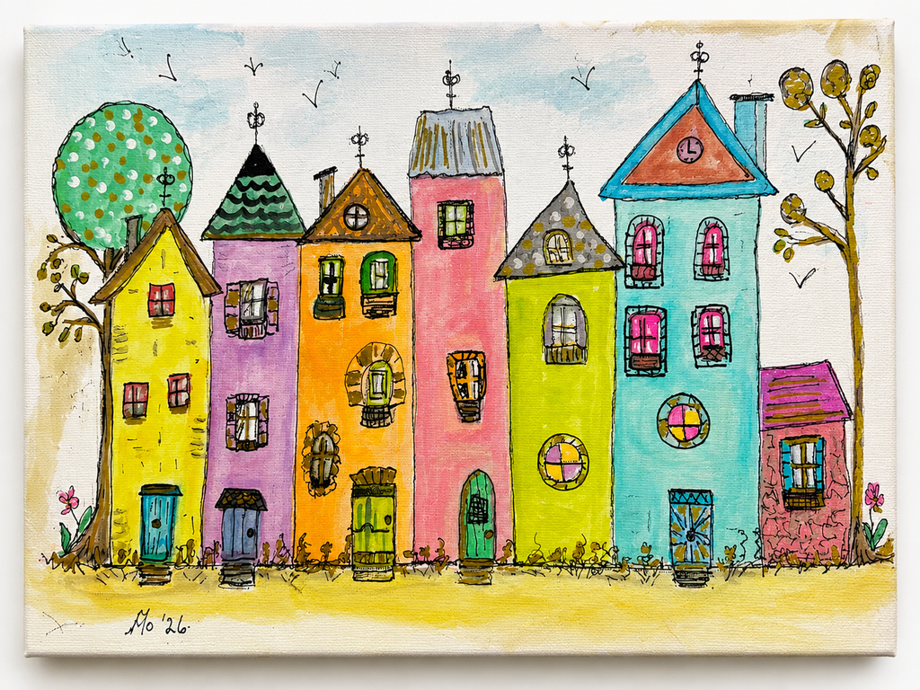 Rainbow Row - Cute, Whimsy Original Watercolour Painting