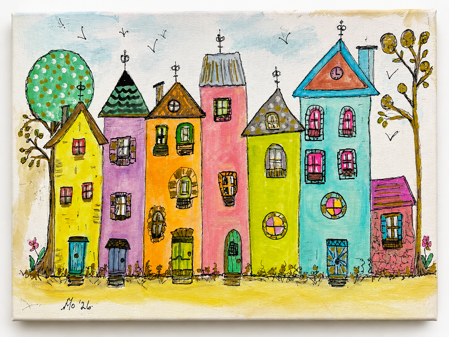 Rainbow Row - Cute, Whimsy Original Watercolour Painting