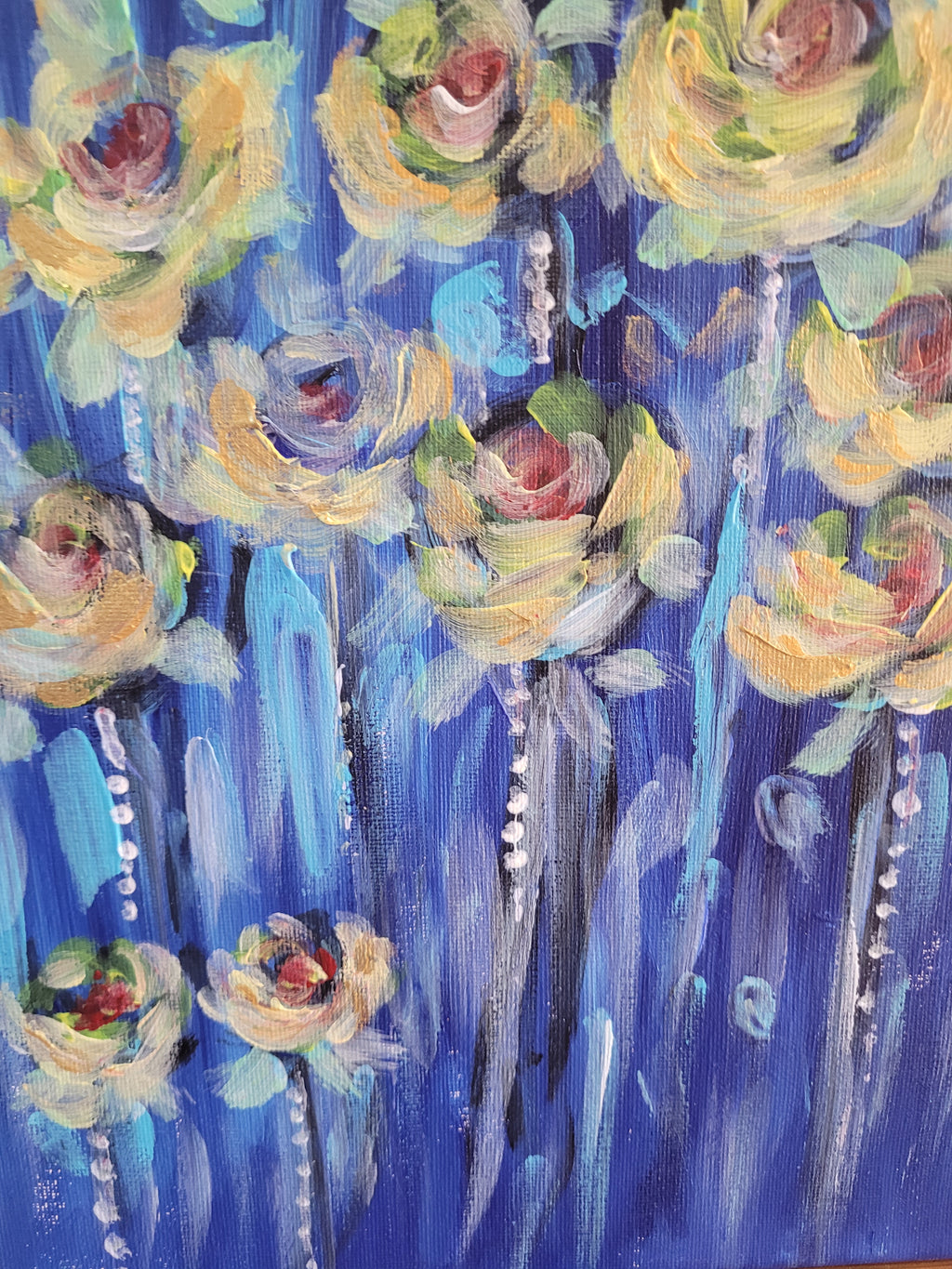 Golden Roses in Blue – Original Abstract Floral Acrylic Painting