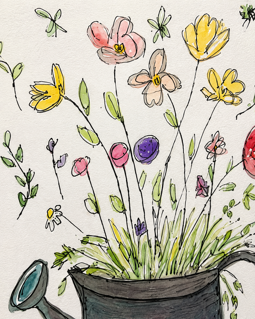 Whimsy Wild Flowers in Silver Watering Can- Original Watercolour Painting