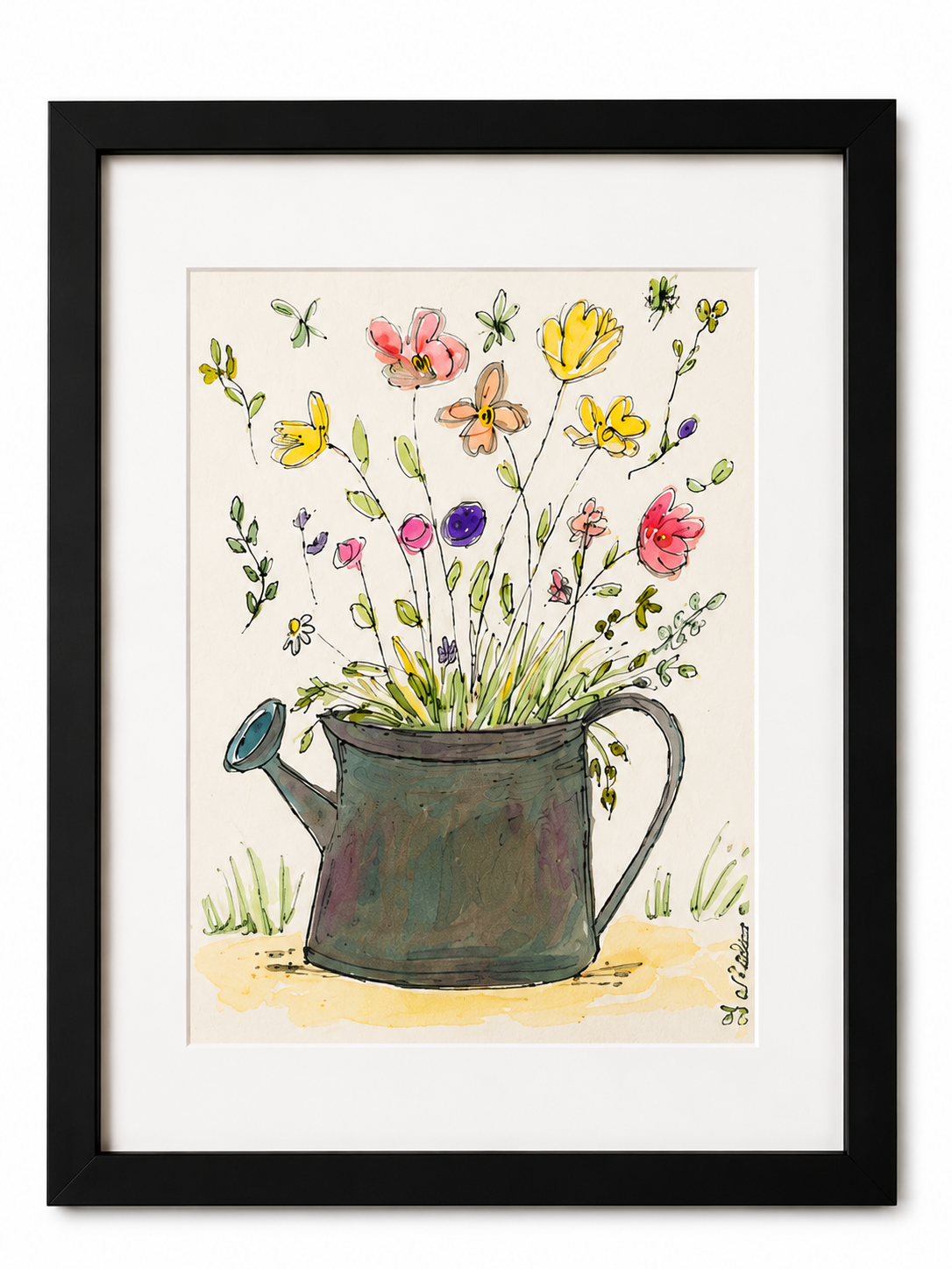 Whimsy Wild Flowers in Silver Watering Can- Original Watercolour Painting